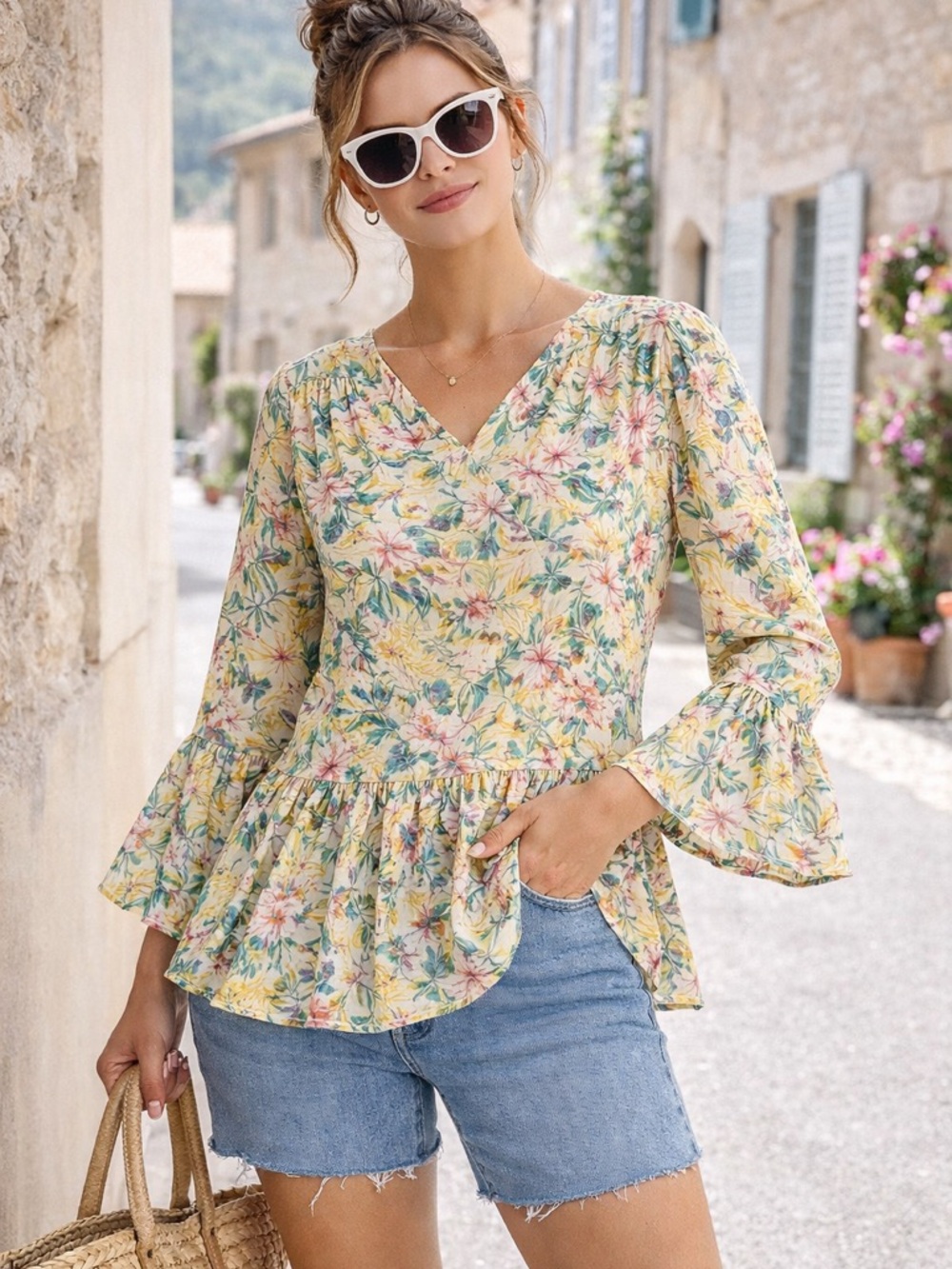 Floral Boho Peplum Blouse Bell Sleeve Medium NWOT Spring Top